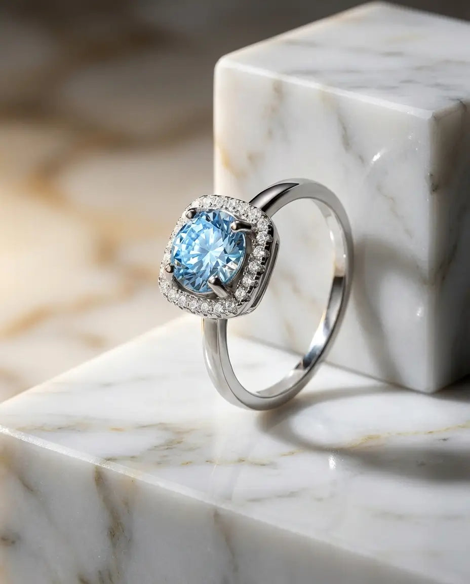 Sølvring med havblå moissanite på 1 karat i midten, omkranset af en halo af små klare accentsten.