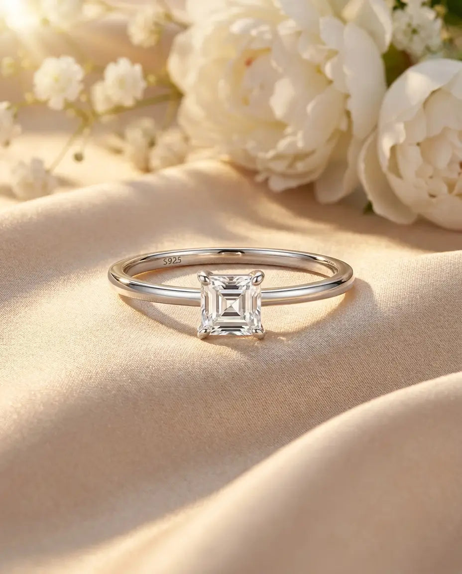 Fin sølvring med firkantet prinsesseslebet moissanite på en ekstra tynd skinne i 925 sterling sølv.