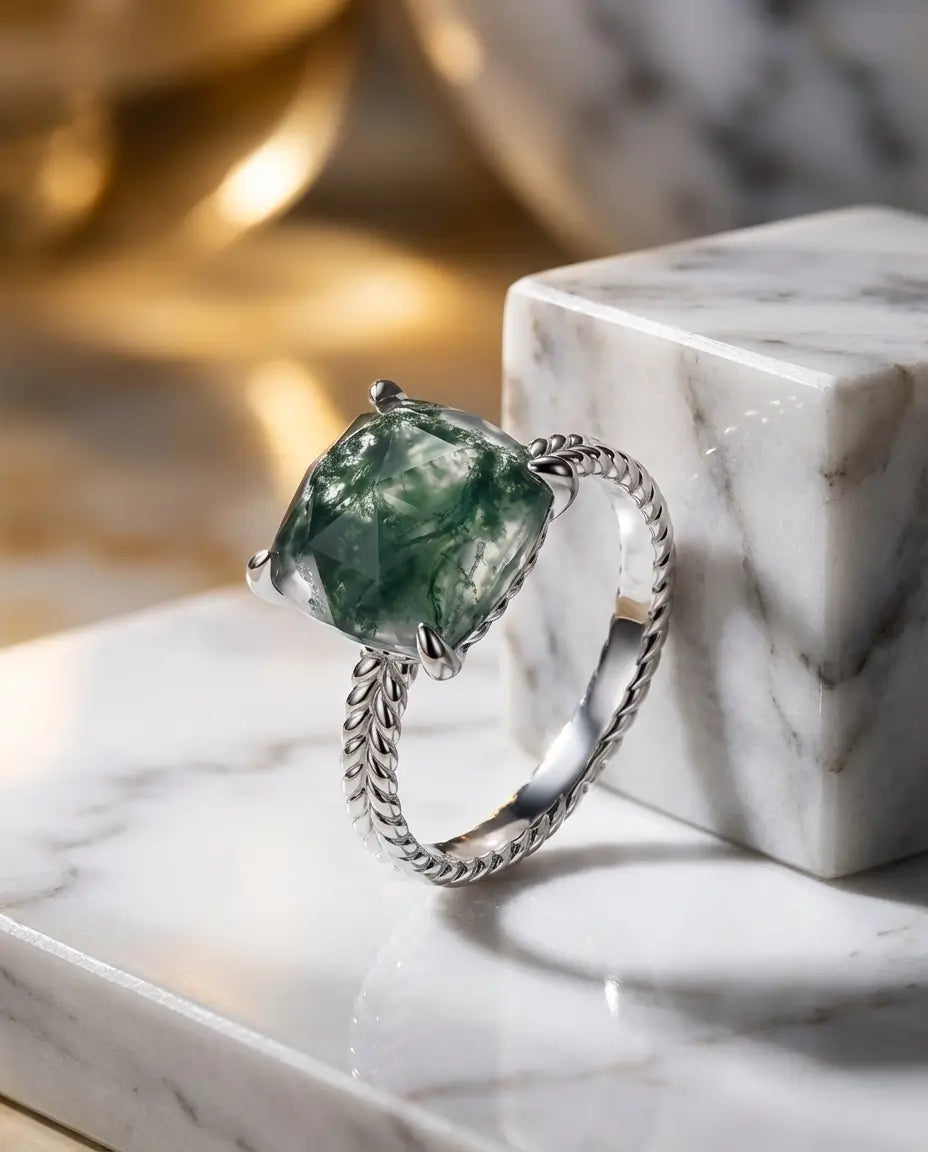 Sølvring med stor pudeslebet moss agate på 10x10 mm på en snoet skinne i hvidguldbelagt 925 sterling sølv.