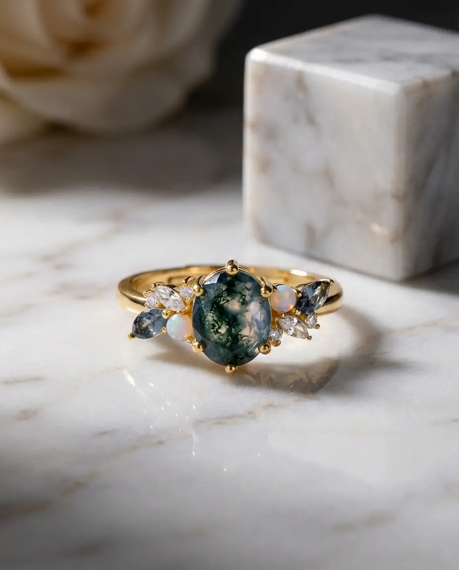 Guldbelagt justerbar ring med oval grøn moss agate omgivet af hvide opaler og dybblå zirkoner i klynge.