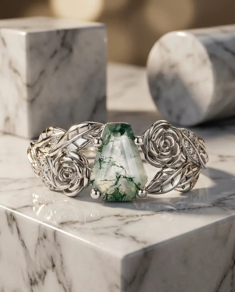 Hvidguldbelagt sølvring med kisteformet grøn moss agate omkranset af roser og blade i relief i 925 sterling sølv.