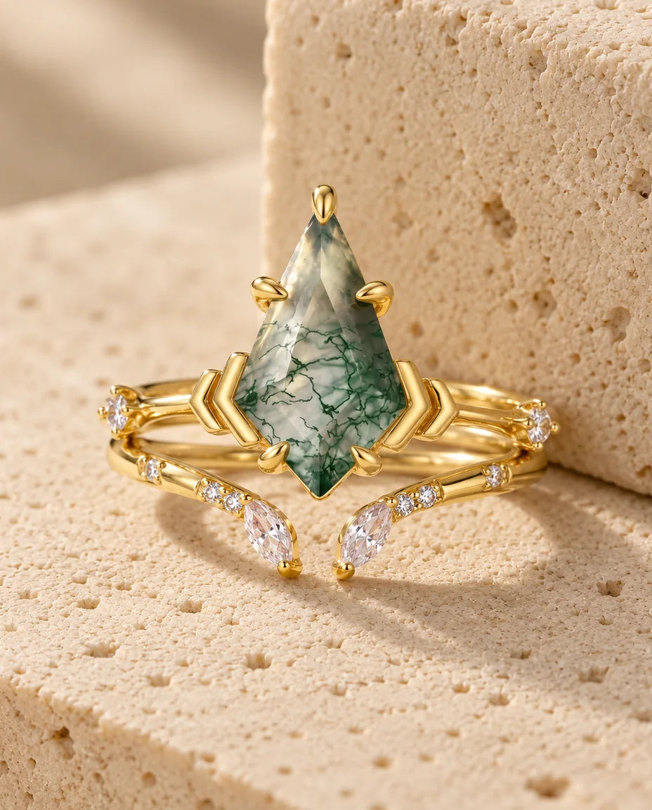 Moss Agate Ringsæt - hele sættet