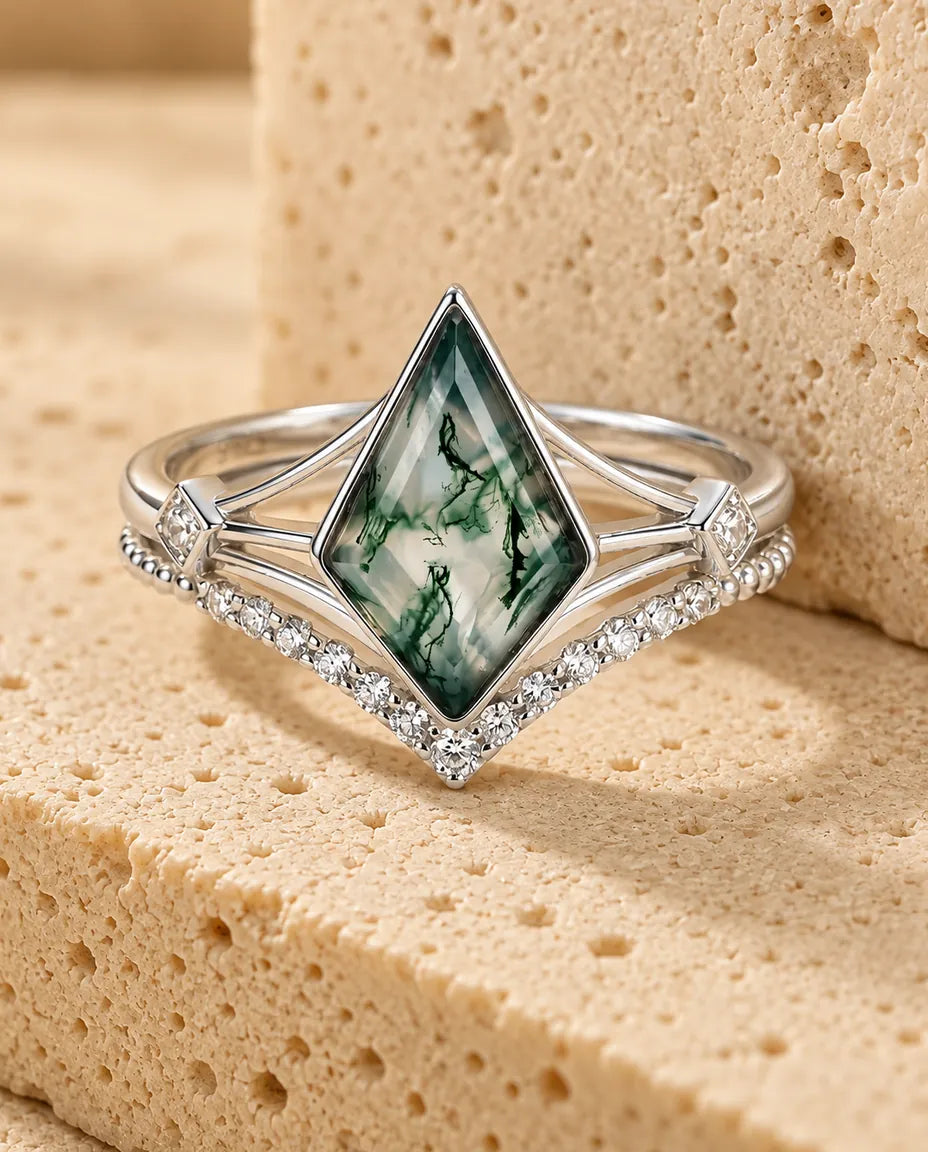 Moss Agate Ringsæt - hele sættet