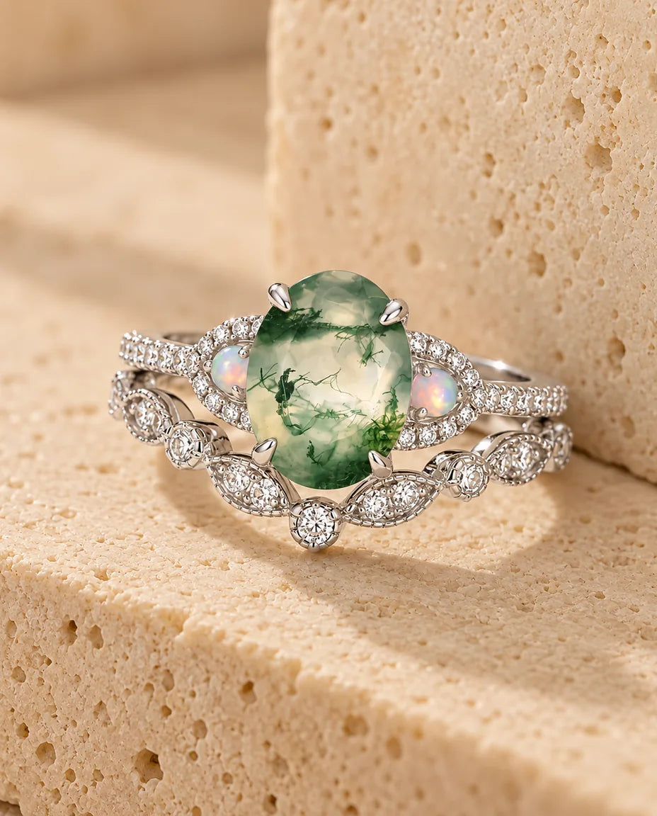 Moss Agate Ringsæt - hele sættet