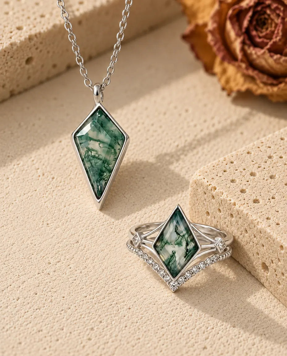 Moss Agate Smykkesæt - hele sættet