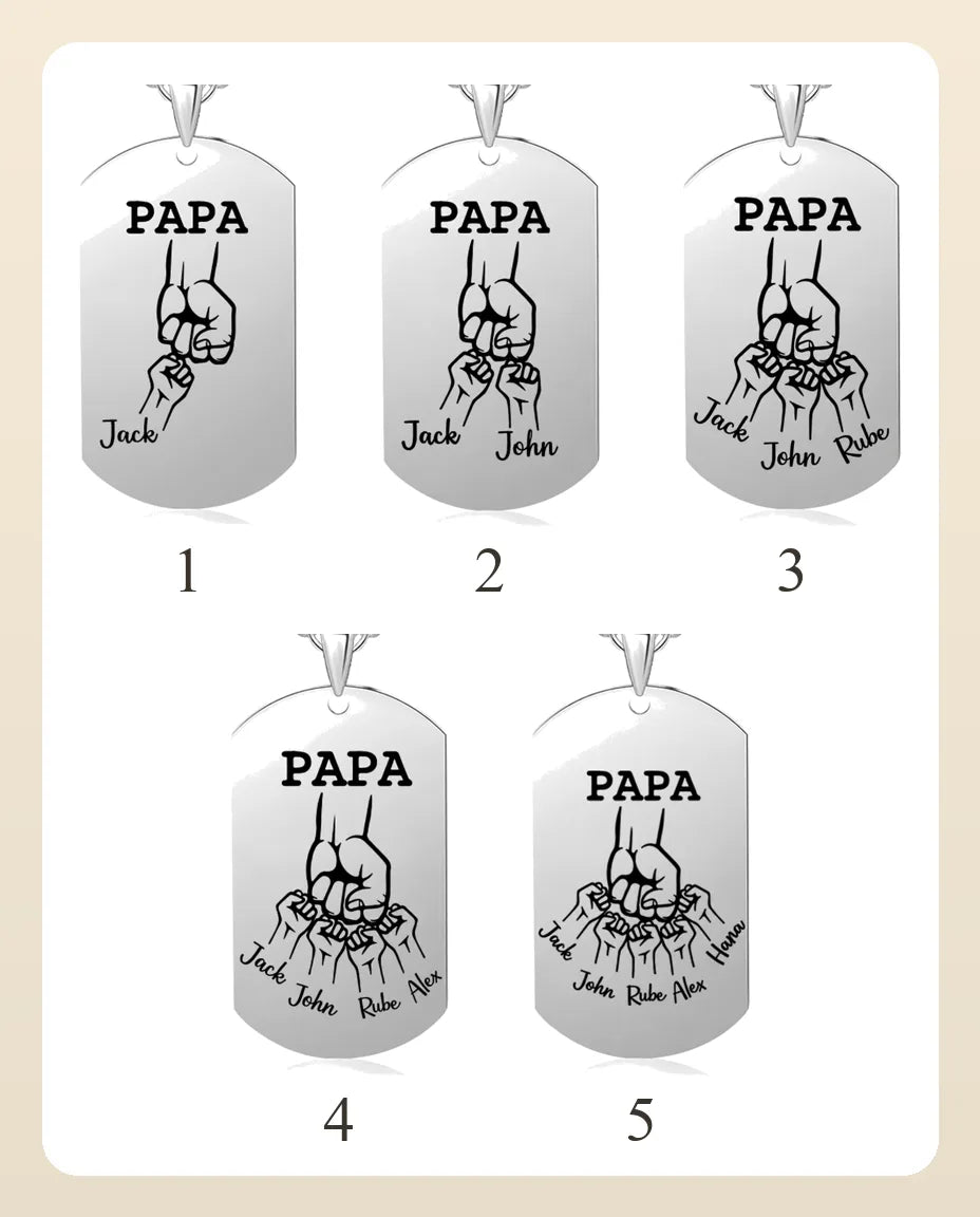 Bagsider af far-pladen med 1, 2, 3, 4 og 5 navne