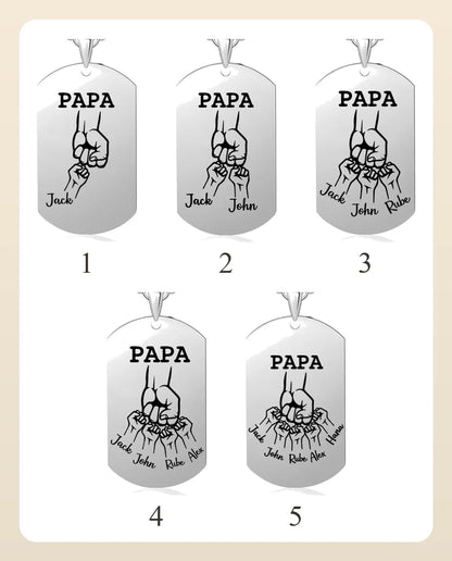 Bagsider af far-pladen med 1, 2, 3, 4 og 5 navne