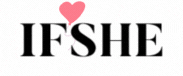 IfShe logo: ordet IFSHE skrevet med sorte versaler og et lyserødt hjerte over det første bogstav.