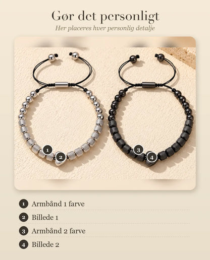 Vejledning, der viser Armbånd 1 farve, Billede 1, Armbånd 2 farve og Billede 2 på armbåndene til par