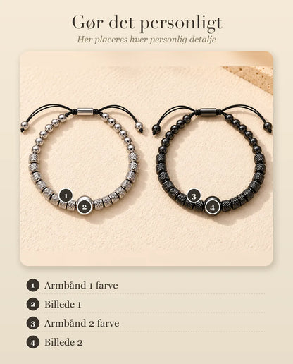 Vejledning, der viser Armbånd 1 farve, Billede 1, Armbånd 2 farve og Billede 2 på perlearmbåndene til par