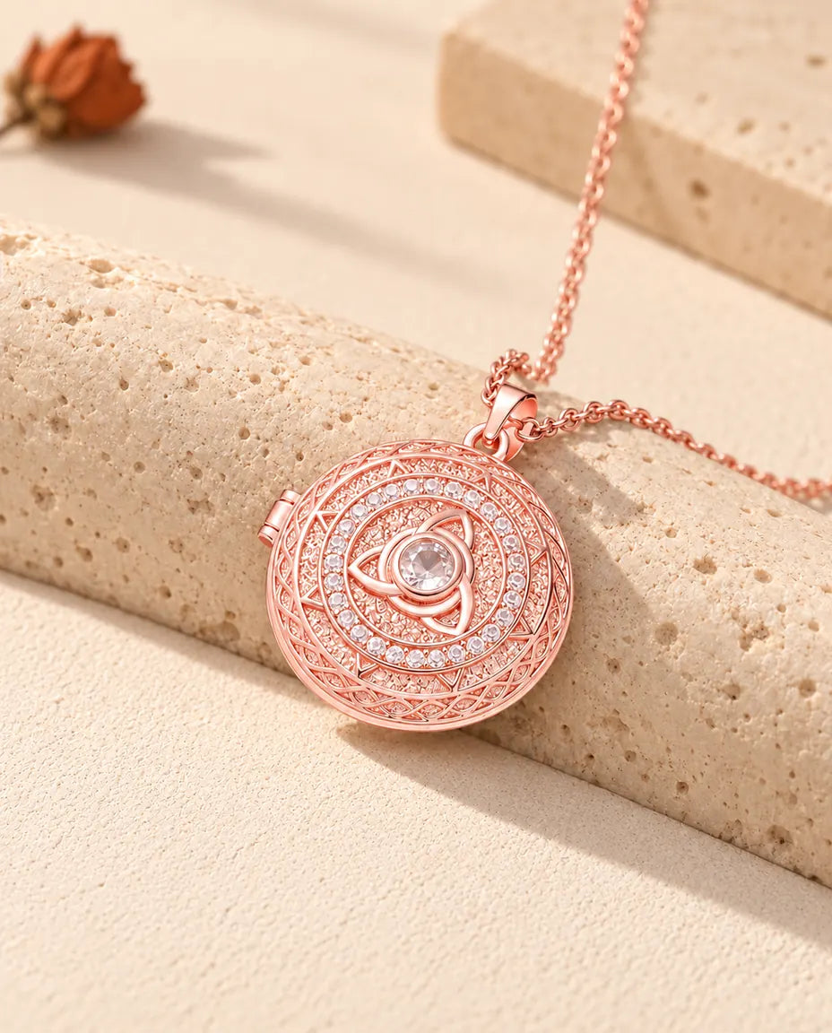 Rosaguldfarvet medaljon med triquetra og en ring af zirkonia, der hviler på travertin