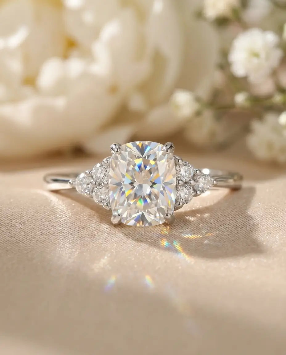 Sølvring med aflang pudeslebet moissanite på 5 x 7 mm omgivet af mindre accentsten i 925 sterling sølv.