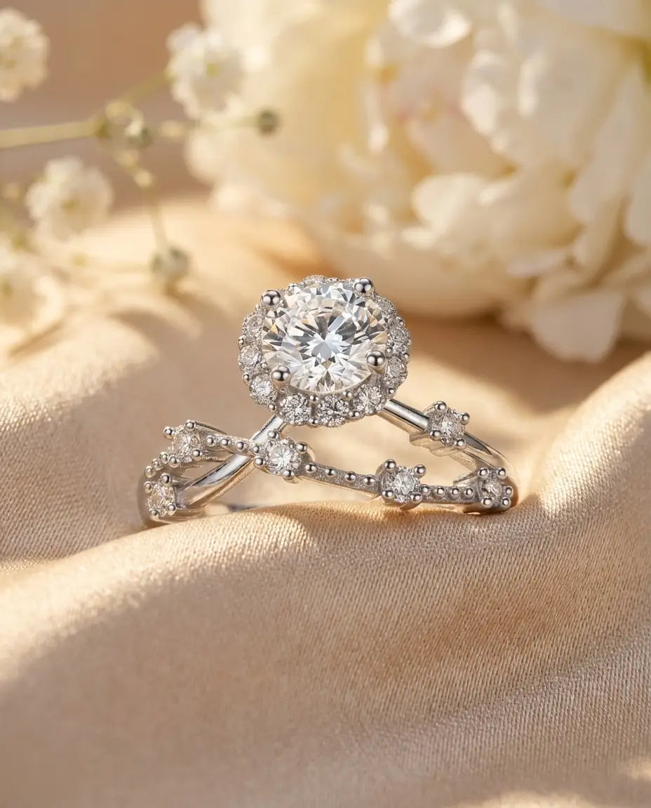 Sølvring med rund moissanite i halo på en snoet skinne med millegrainkant i 925 sterling sølv.