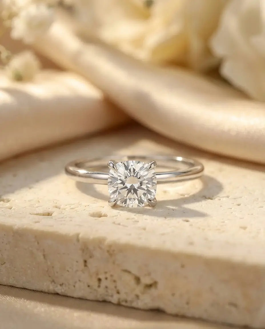 Minimalistisk sølvring med firkantet moissanite i pudeform sat i fire klør på en fin skinne i 925 sterling sølv.