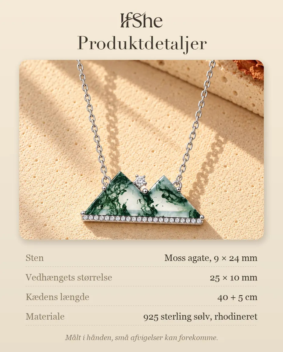Moss Agate Halskæde - produktdetaljer med sten, vedhængets størrelse, kædens længde og materiale