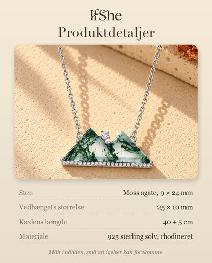 Moss Agate Halskæde - produktdetaljer med sten, vedhængets størrelse, kædens længde og materiale