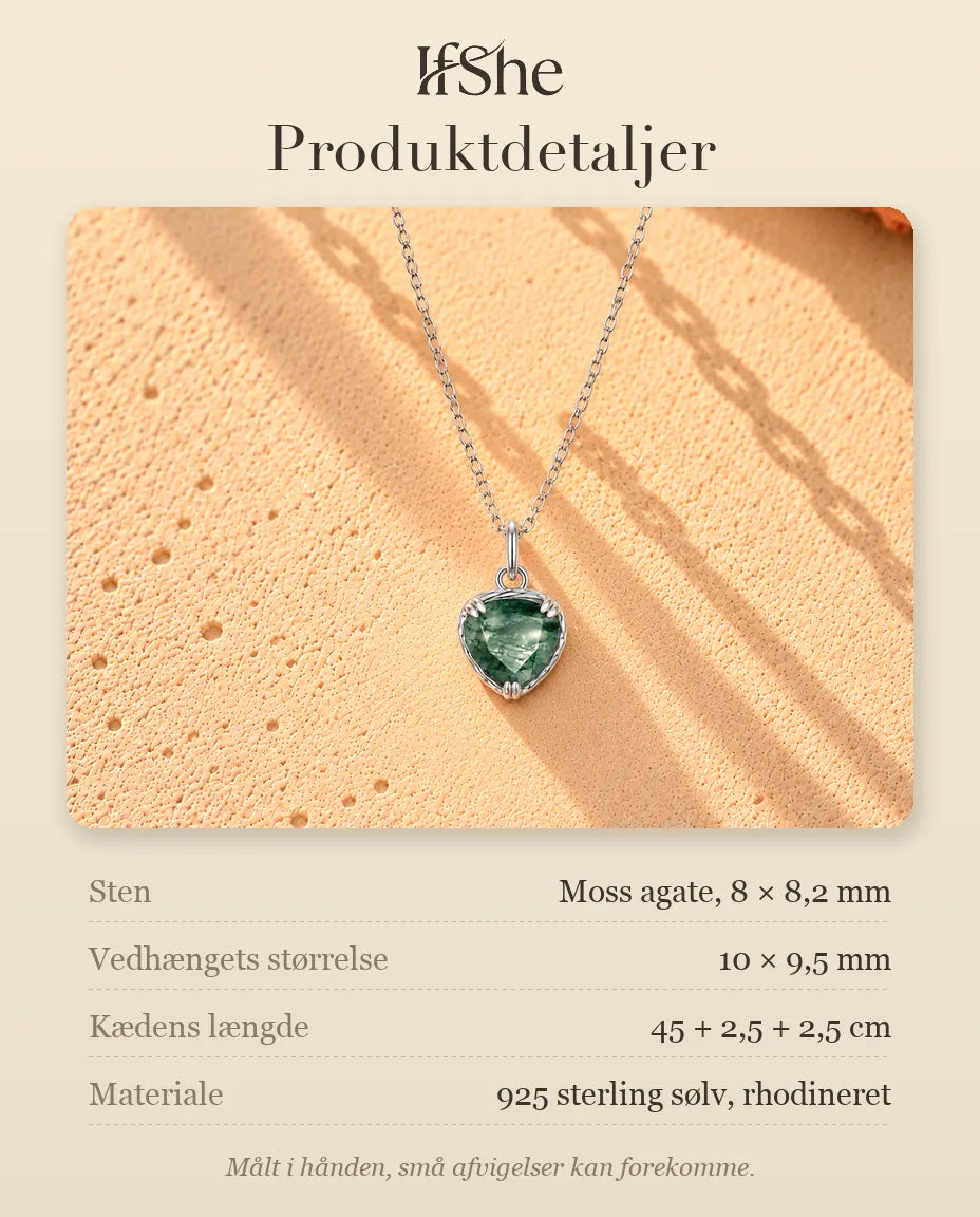 Moss Agate Halskæde - produktdetaljer med sten, vedhængets størrelse, kædens længde og materiale