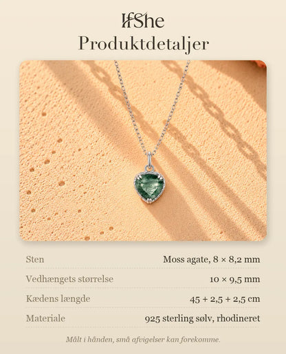 Moss Agate Halskæde - produktdetaljer med sten, vedhængets størrelse, kædens længde og materiale