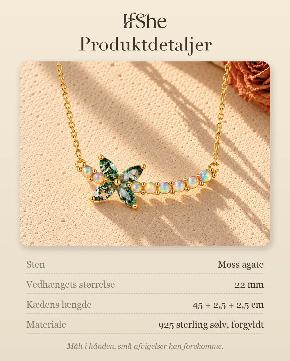 Moss Agate Halskæde - produktdetaljer med sten, vedhængets størrelse, kædens længde og materiale