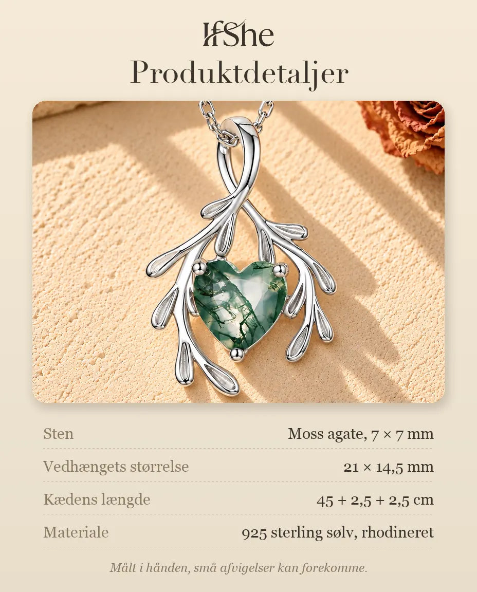 Moss Agate Halskæde - produktdetaljer med sten, vedhængets størrelse, kædens længde og materiale