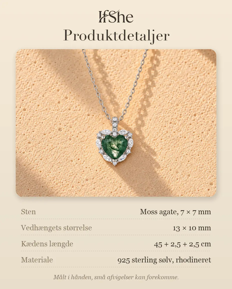 Moss Agate Halskæde - produktdetaljer med sten, vedhængets størrelse, kædens længde og materiale