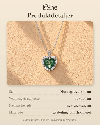 Moss Agate Halskæde - produktdetaljer med sten, vedhængets størrelse, kædens længde og materiale
