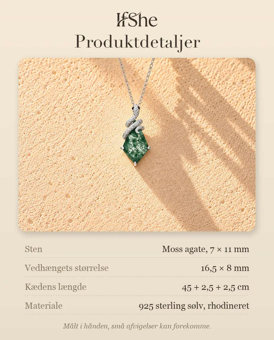 Moss Agate Halskæde - produktdetaljer med sten, vedhængets størrelse, kædens længde og materiale