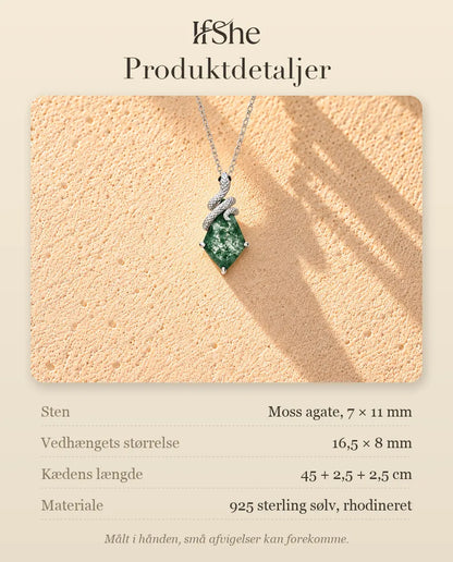 Moss Agate Halskæde - produktdetaljer med sten, vedhængets størrelse, kædens længde og materiale