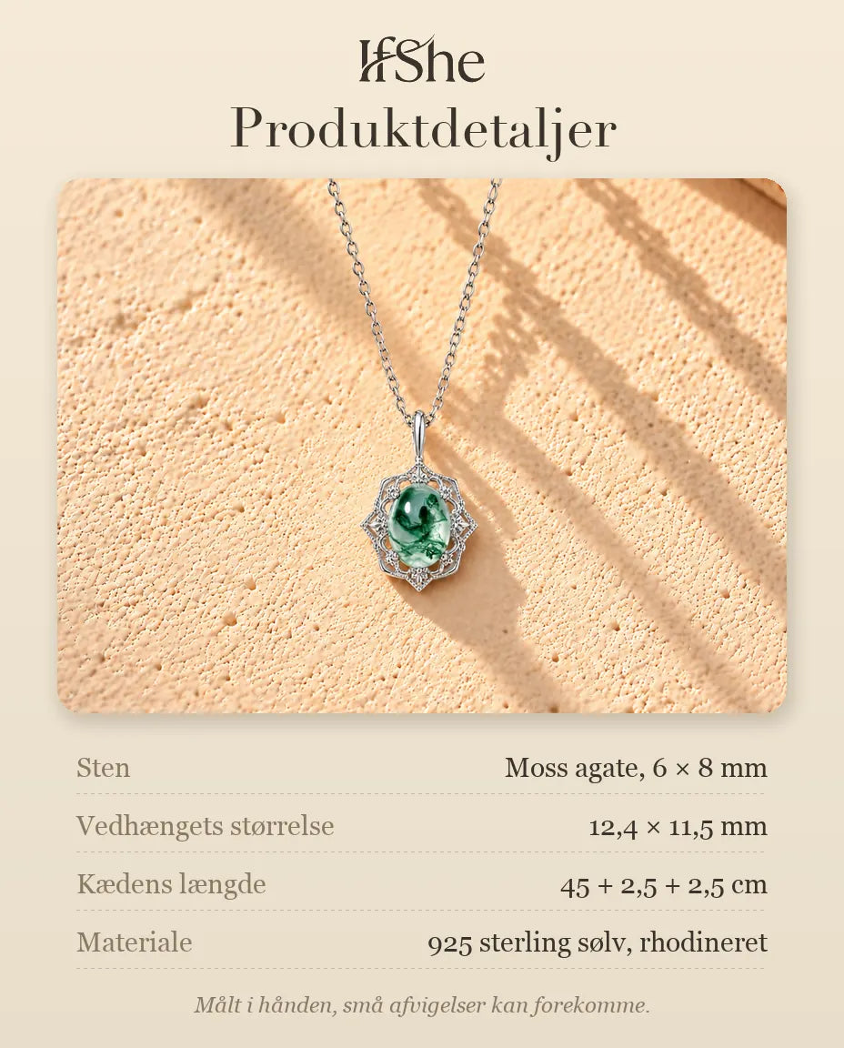 Moss Agate Halskæde - produktdetaljer med sten, vedhængets størrelse, kædens længde og materiale