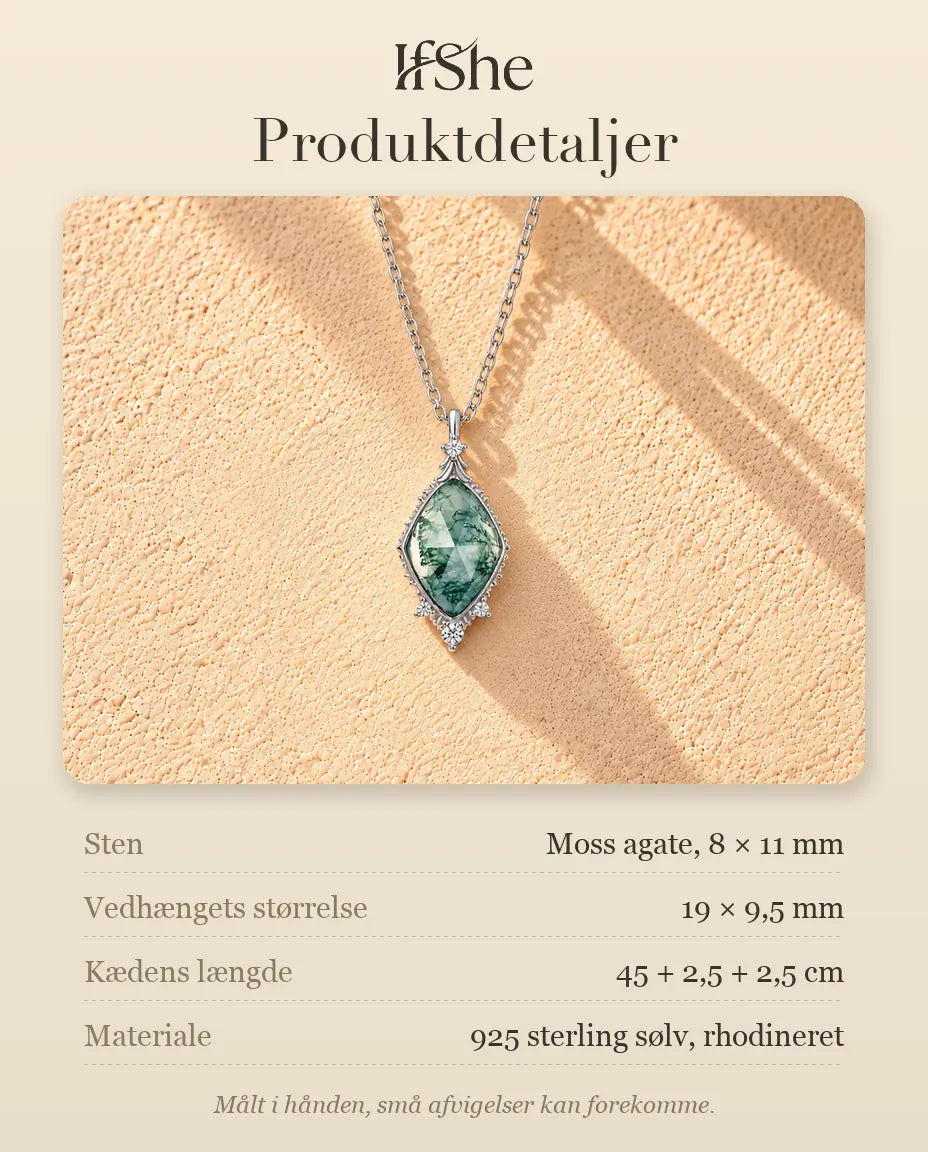 Moss Agate Halskæde - produktdetaljer med sten, vedhængets størrelse, kædens længde og materiale