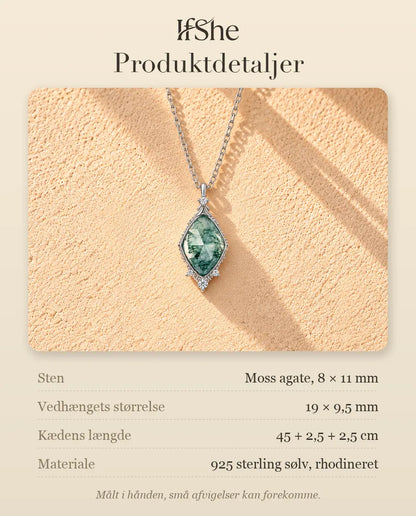 Moss Agate Halskæde - produktdetaljer med sten, vedhængets størrelse, kædens længde og materiale
