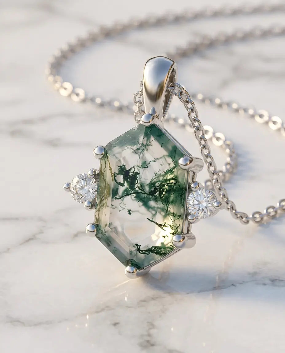 Lille sekskantet grøn moss agate med to klare sidesten i et vedhæng af 925 sterling sølv.