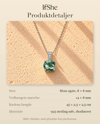 Moss Agate Halskæde - produktdetaljer med sten, vedhængets størrelse, kædens længde og materiale