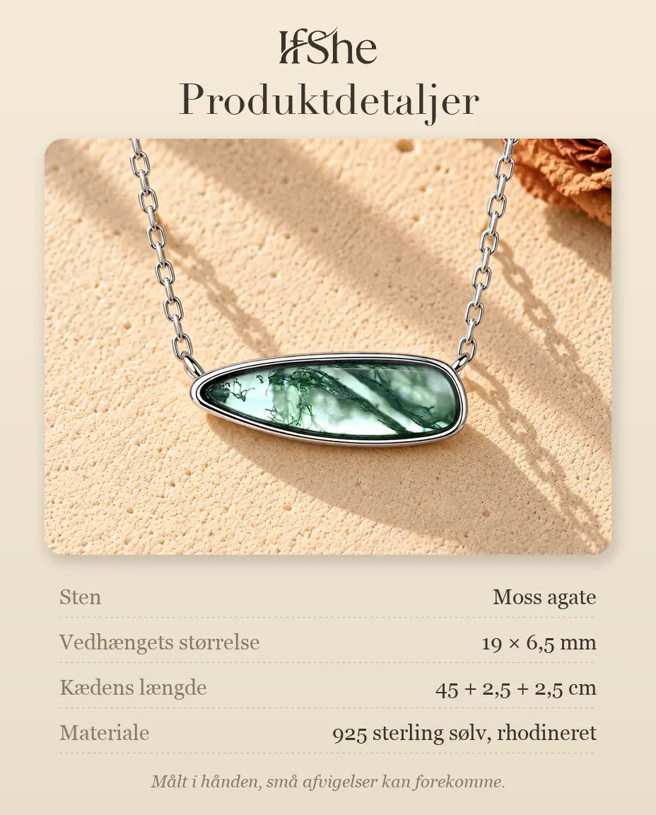Moss Agate Halskæde - produktdetaljer med sten, vedhængets størrelse, kædens længde og materiale