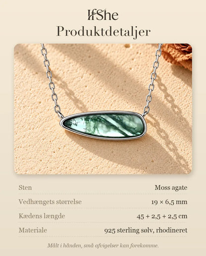 Moss Agate Halskæde - produktdetaljer med sten, vedhængets størrelse, kædens længde og materiale