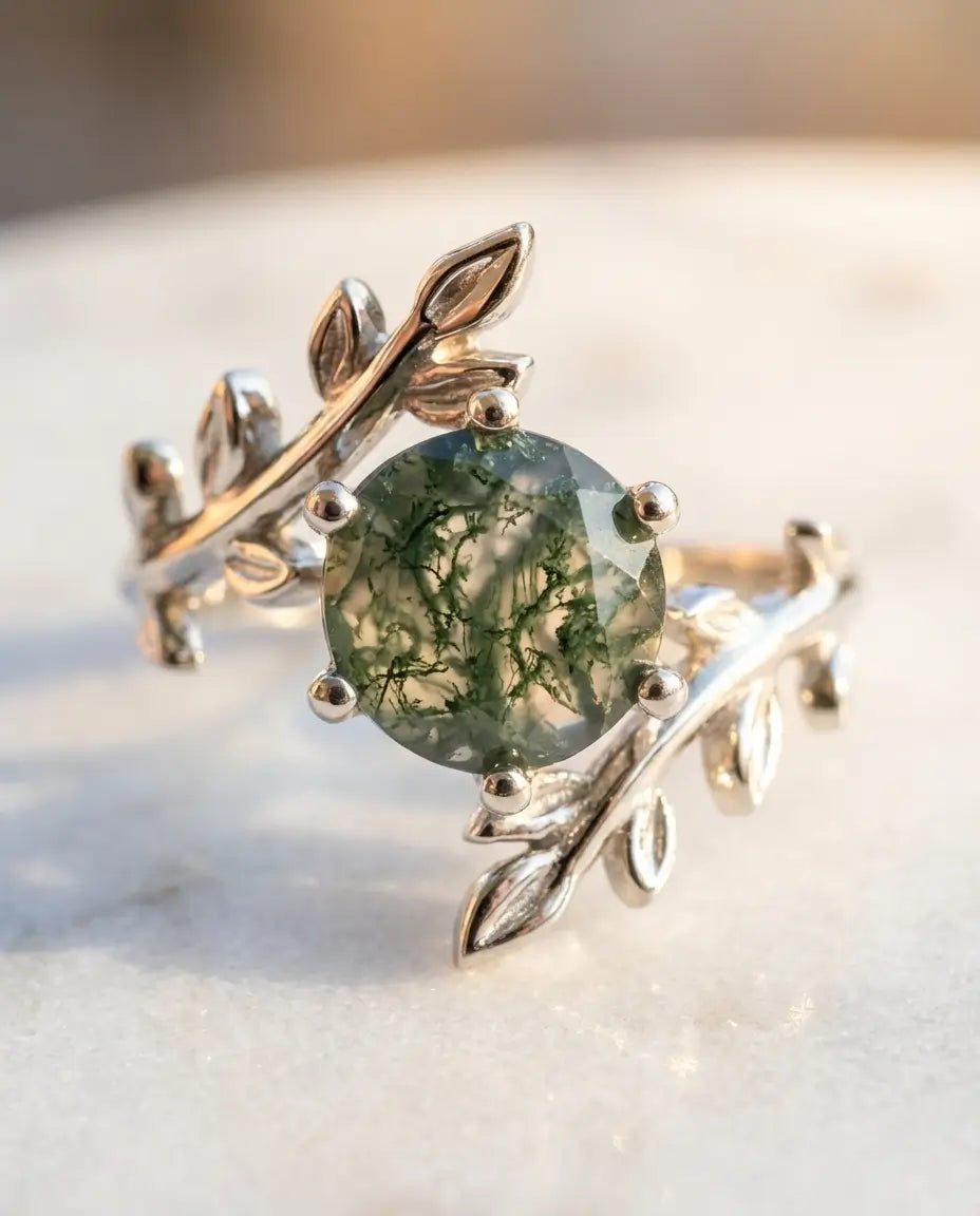 Sølvring med rund moss agate på 8 mm i en skinne af sammenslyngede blade og grene i massivt 925 sterling sølv.