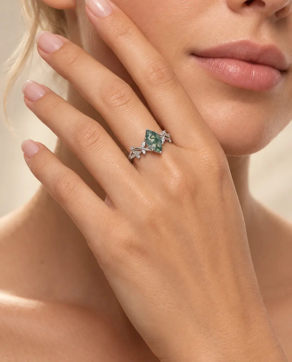 Moss Agate Ring – Marquise på Sølvranker
