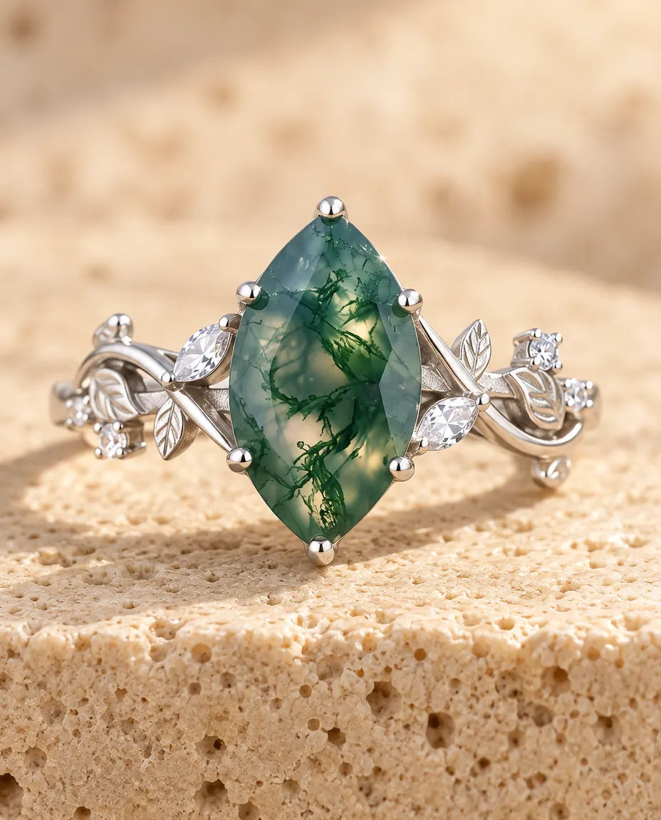 Moss Agate Ring – Marquise på Sølvranker