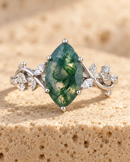 Moss Agate Ring – Marquise på Sølvranker