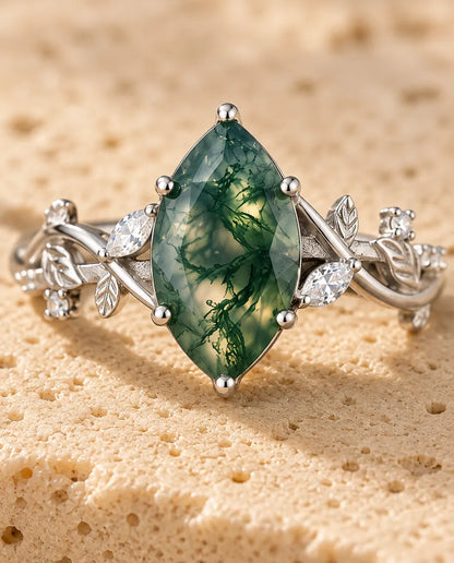 Moss Agate Ring – Marquise på Sølvranker