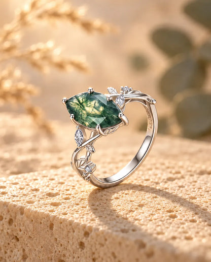 Moss Agate Ring – Marquise på Sølvranker