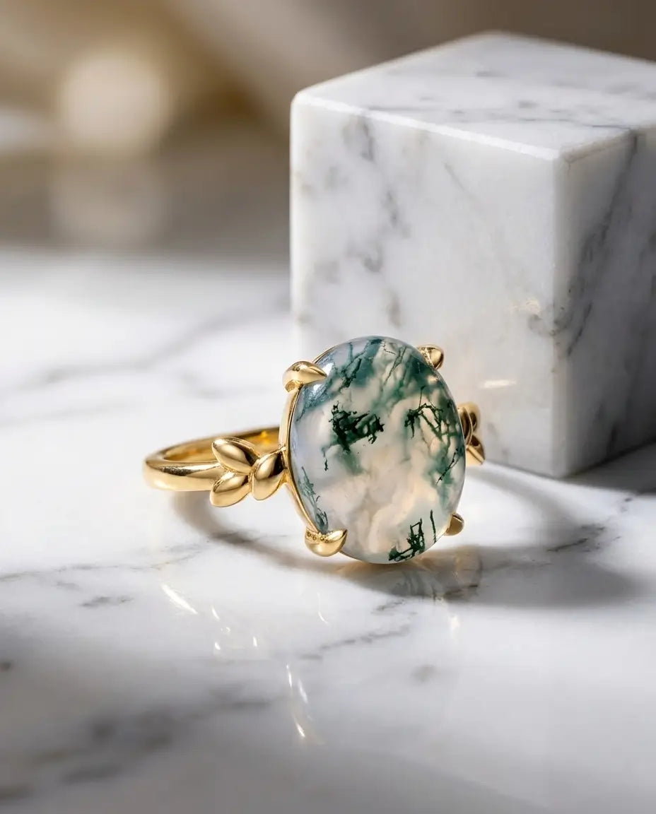 Guldbelagt sølvring med stor oval grøn moss agate på 10x12 mm i fire bladformede klør, 925 sterling sølv.