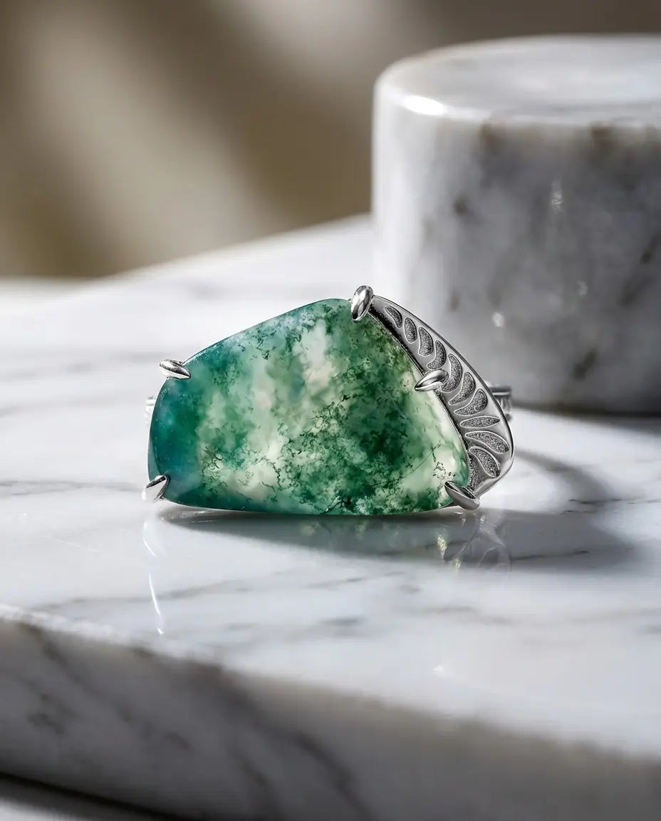 Stor sølvring med moss agate i fri form på 11x15 mm og bregneblade skåret i skinnen af 925 sterling sølv.