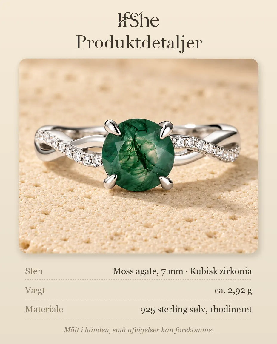 Moss Agate Ring - produktdetaljer med stenstørrelse, vægt og materiale