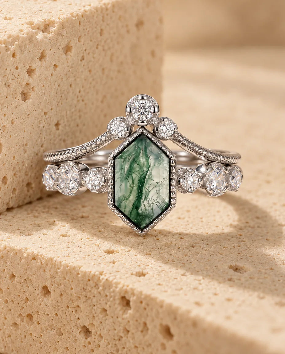 Moss Agate Ringsæt - hele sættet