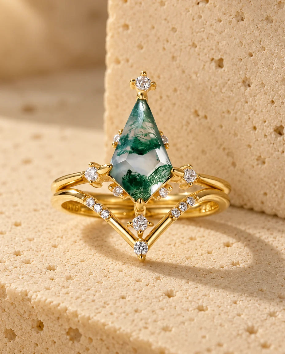 Moss Agate Ringsæt - hele sættet
