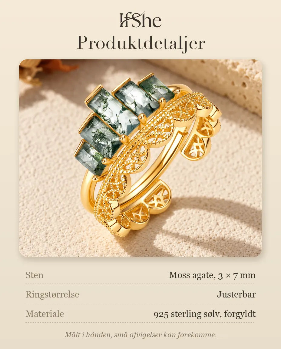 Moss Agate Ring Sæt - produktdetaljer med stenstørrelse, ringstørrelse og materiale