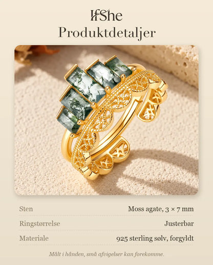 Moss Agate Ring Sæt - produktdetaljer med stenstørrelse, ringstørrelse og materiale