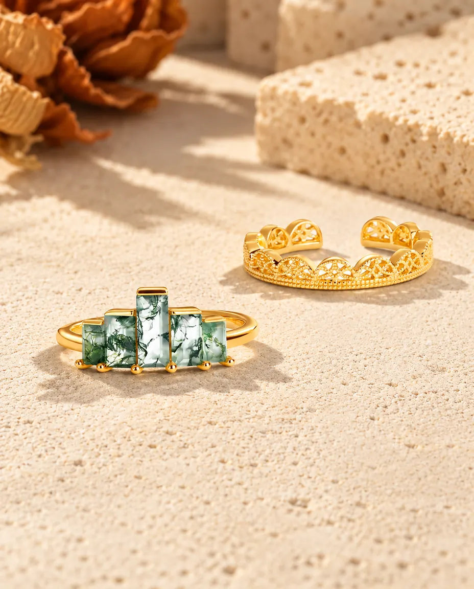 Moss Agate Ring Sæt - stenringen og blonderingen side om side