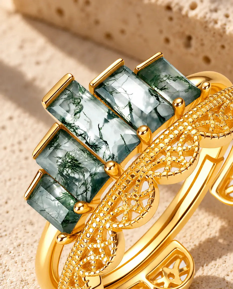 Moss Agate Ring Sæt - nærbillede af stenen og indfatningen